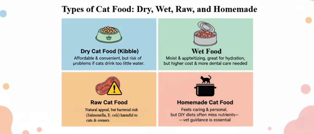 This infographic provides a quick overview of the pros and cons of four different types of cat food: dry, wet, raw, and homemade.