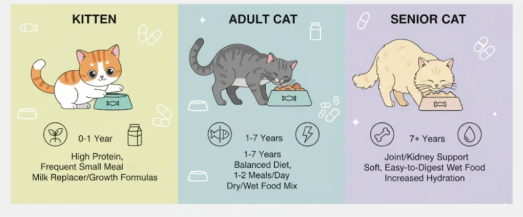 Cat feeding guide infographic: kitten, adult, senior, pastel colors, flat icons