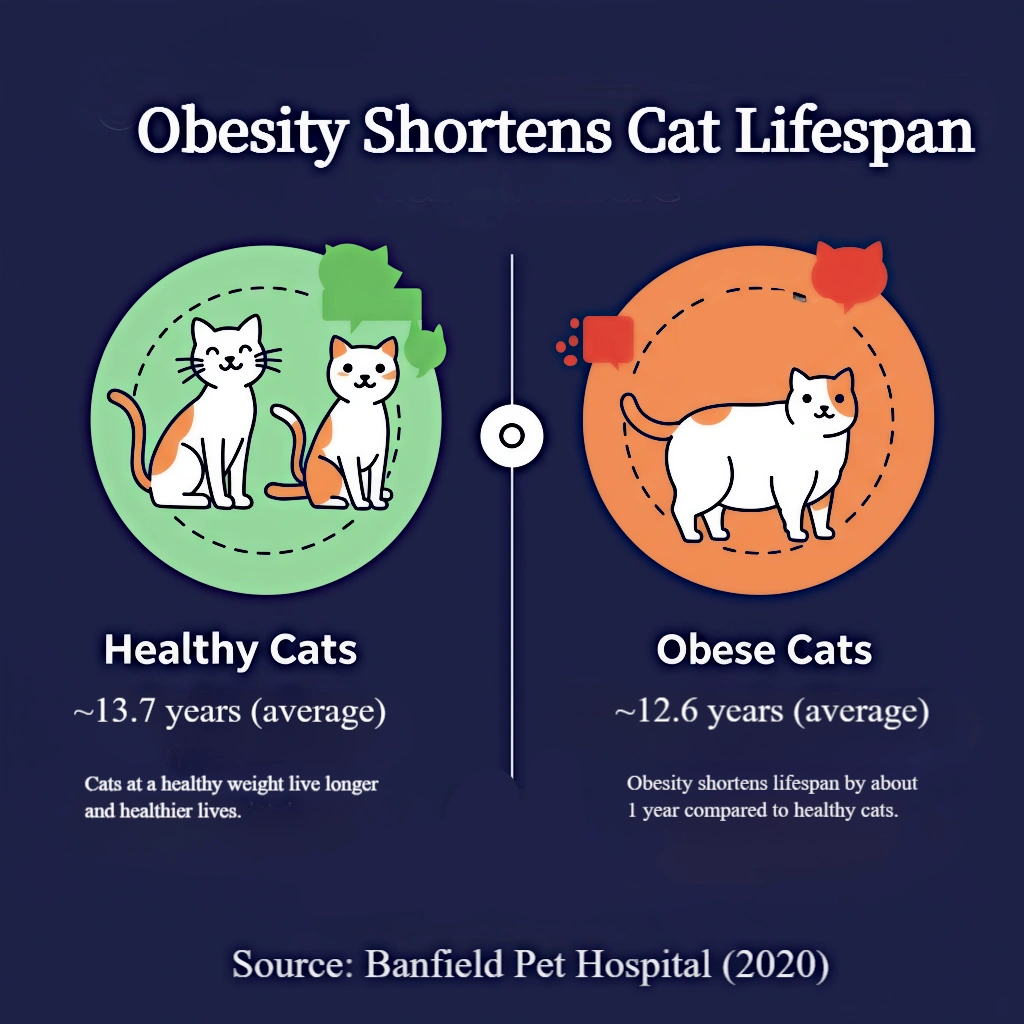 Cats at a healthy weight live longer and healthier lives.Obesity shortens lifespan by about 1 year compared to healthy cats.