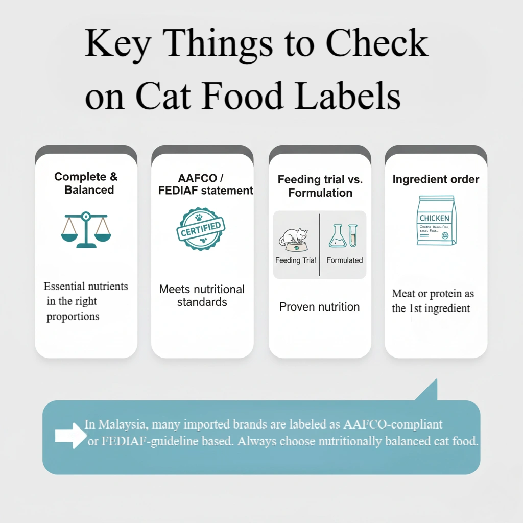 Check for Complete & Balanced AAFCO/FEDIAF, feeding trial, and meat first to ensure quality cat food.