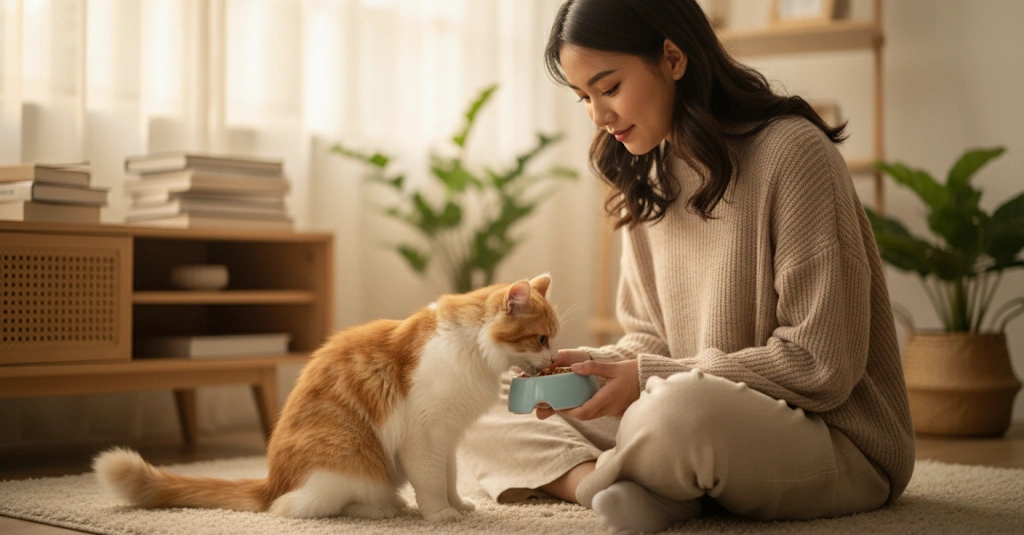 A Malaysian woman, bathed in soft, warm light, feeds her cat on a tastefully furnished floor.