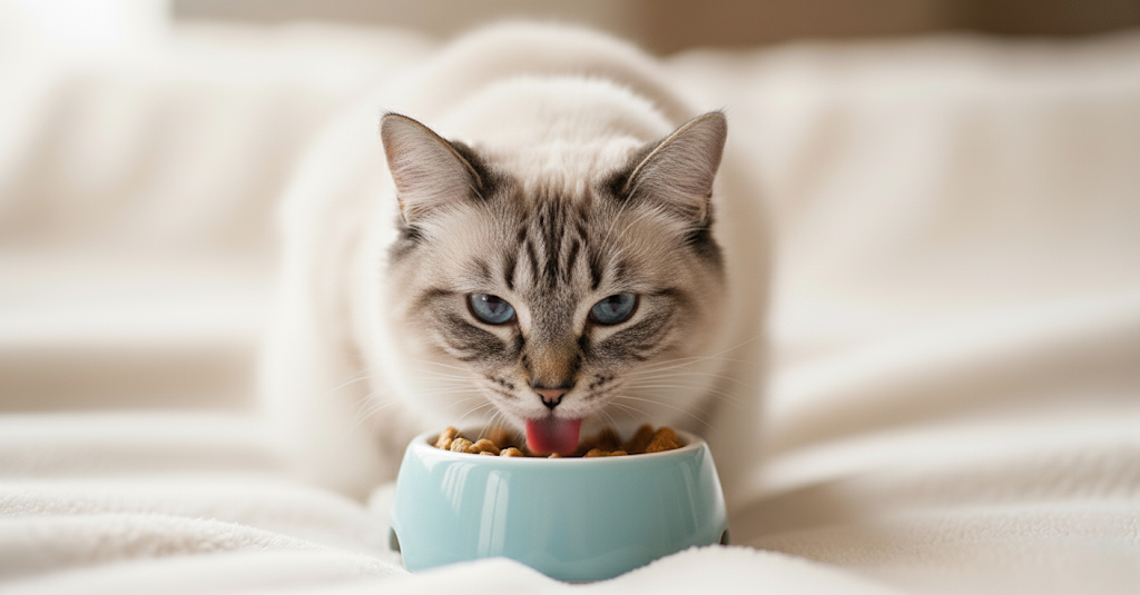 unnamed (13) (1) A healthy adult white cat is eating food.