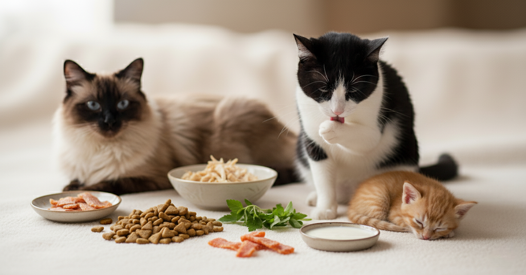 unnamed (16) (1) Three cats and a lot of food.