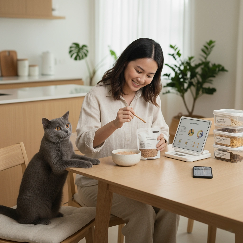 A realistic painting of a Malaysian owner preparing cat food at a table, with a patient cat nearby, conveying caring and practical feeding in daily life.