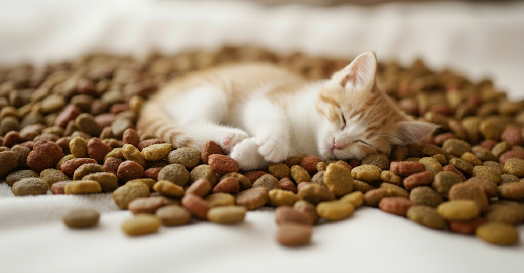 unnamed (23) (1) A little kitten is sleeping on the grain-free cat food.