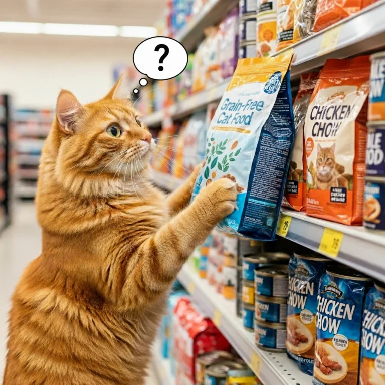 A cat is choosing its food.