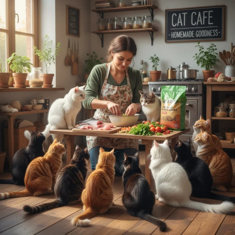 A girl is making food for many cats who are eagerly awaiting her results.