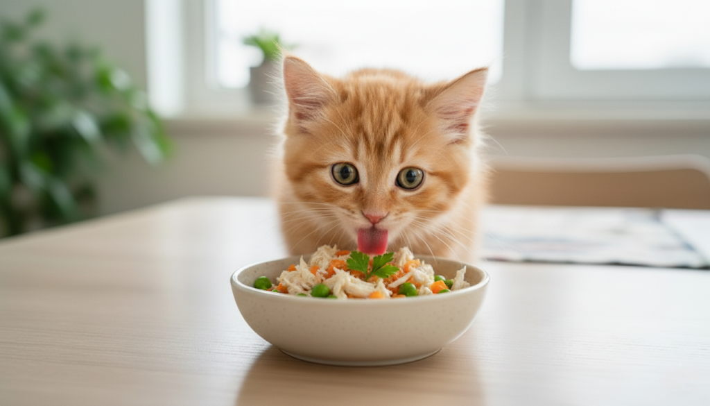 homemade cat A cat is eating homemade cat food.