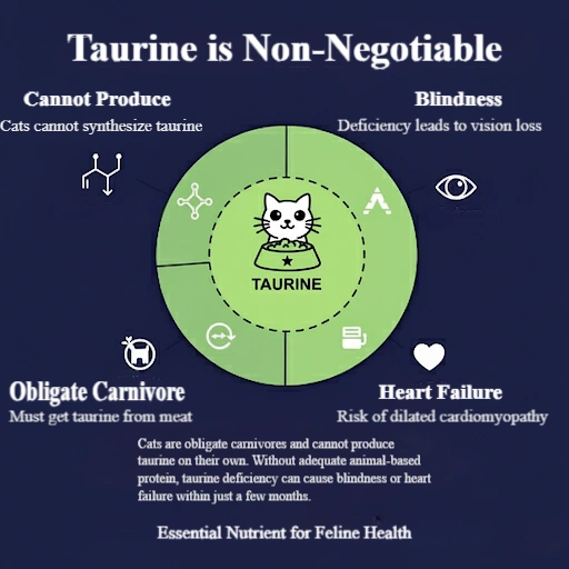 Cats are obligate carnivores and cannot produce taurine on their own. A taurine deficiency can cause blindness or heart failure within just a few months if their diet lacks adequate animal-based protein.
