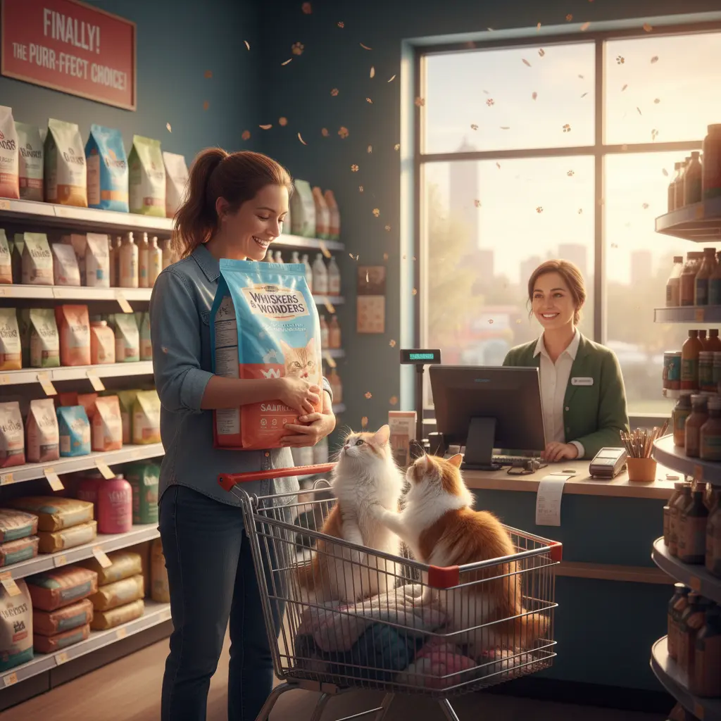 A scene where a person successfully buys suitable cat food.