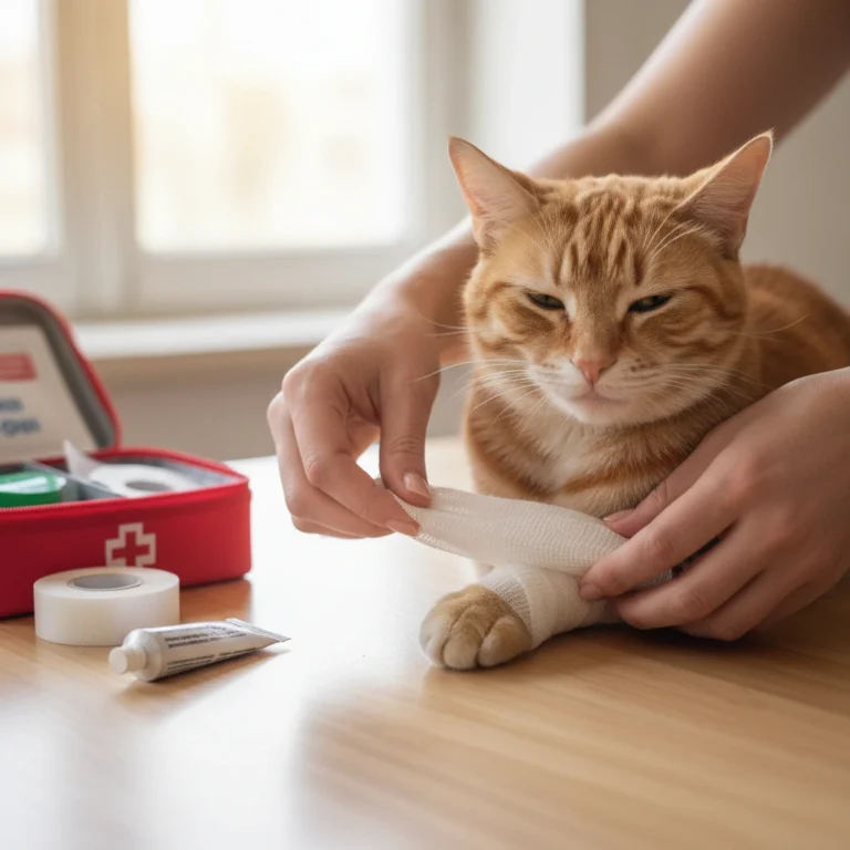 A high-quality, clear photo of a cat receiving first aid. The cat sits on a wooden table, and a person is carefully bandaging its front paw with a white bandage.