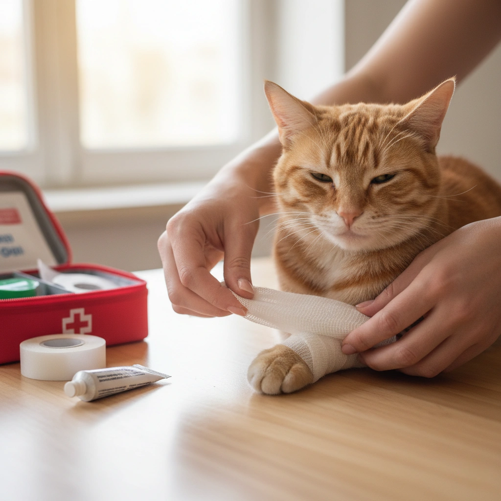 A high-quality, clear photo of a cat receiving first aid. The cat sits on a wooden table, and a person is carefully bandaging its front paw with a white bandage.