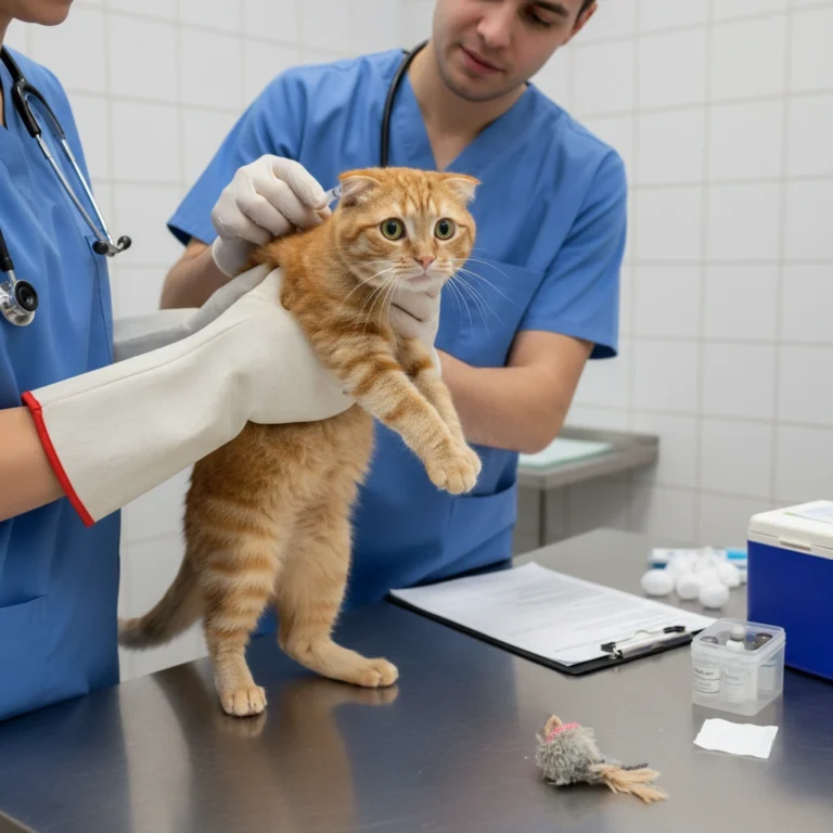 A cute kitten, who is very scared, is being vaccinated by the vet.