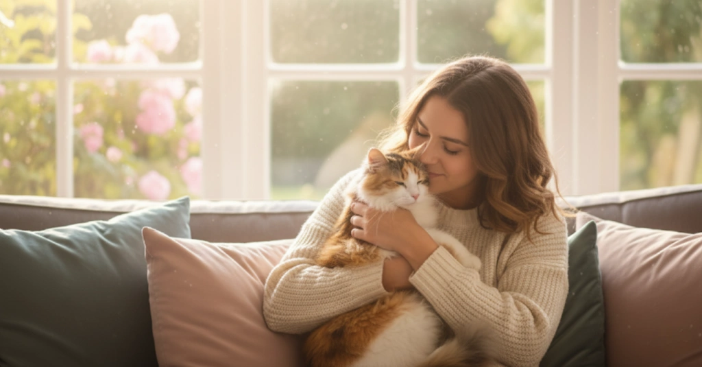 unnamed (35) (1) A girl is holding an adorable little orange kitten protectively.