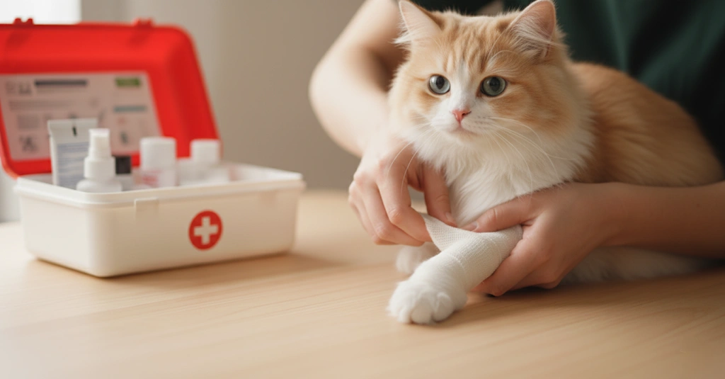 unnamed (35) (1) A close-up, photorealistic photo of a caregiver gently bandaging the paw of a brown tabby cat with a white bandage. An open red and white Cat First Aid kit sits on a clean wooden table next to them, with soft lighting focused on the bandaging action.
