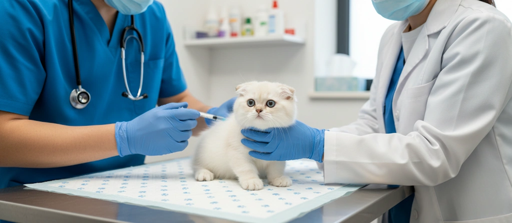 A little kitten is getting a cat vaccination.