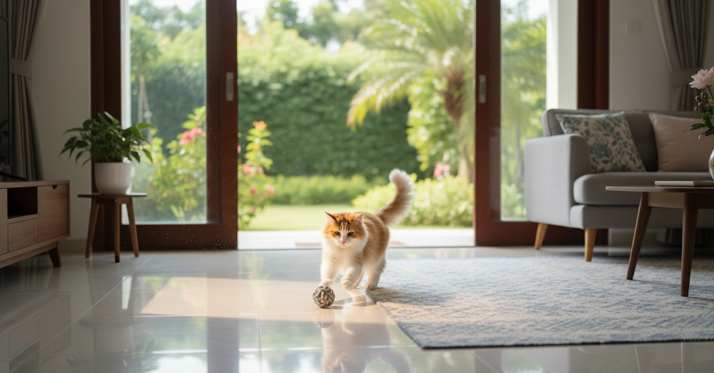 unnamed (36) (1) A cat playing in a clean and tidy Malaysian home setting (such as a tiled living room) or a lush garden.