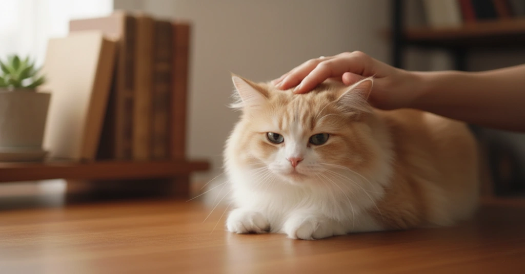 unnamed (37) (1) A hand is gently stroking a fluffy cat with light brown and white fur.