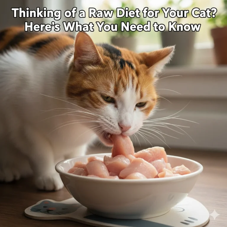 A cat is eating raw food.