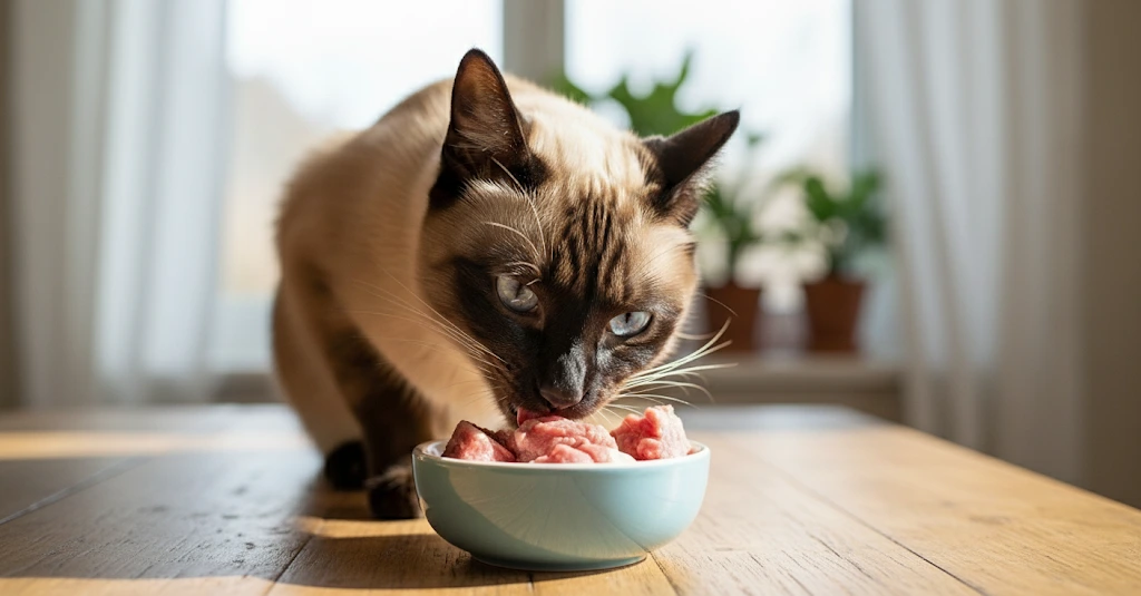 unnamed (40) (1) A cat is eating raw diet food.