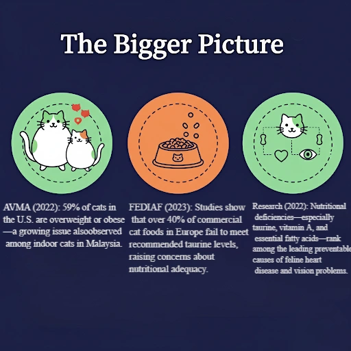 “Studies from AVMA, FEDIAF, and peer-reviewed research show that cat obesity, inadequate taurine in commercial foods, and key nutrient deficiencies are major preventable threats to feline health worldwide.”