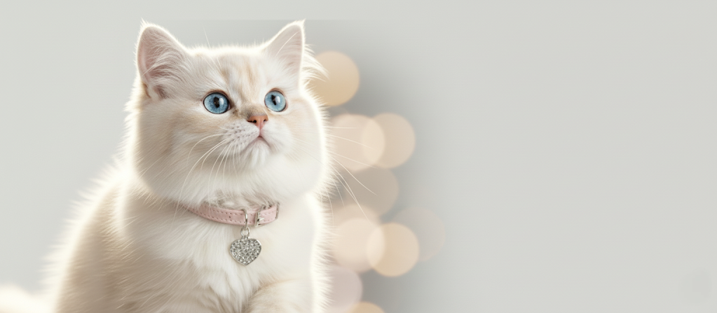 A fluffy white cat with bright blue eyes, wearing a pink collar with a heart-shaped charm, looking up and to the right. The background is a soft, blurry light gray with out-of-focus bokeh lights.